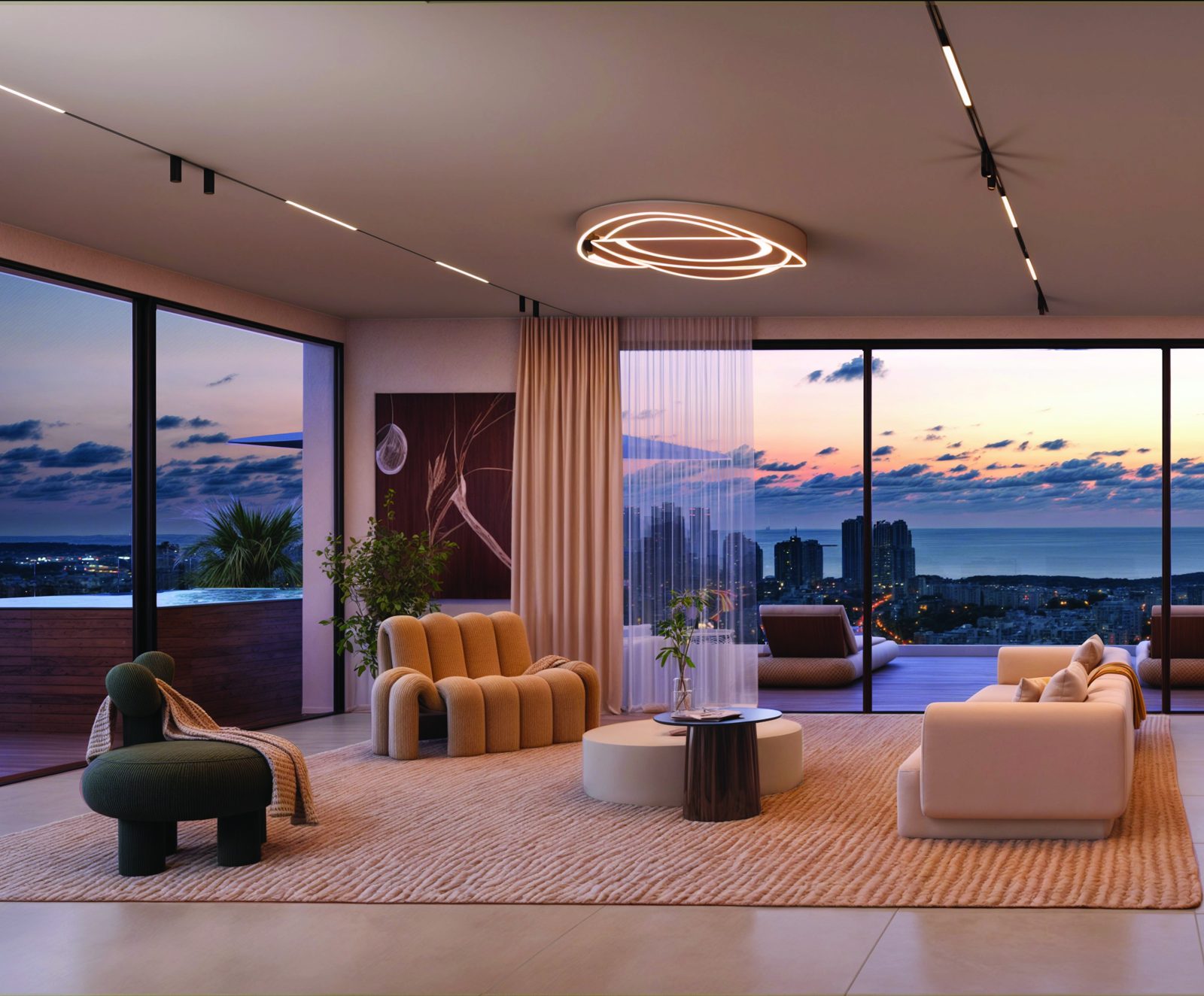 Salon d'un penthouse au coucher du soleil (image d'illustration)