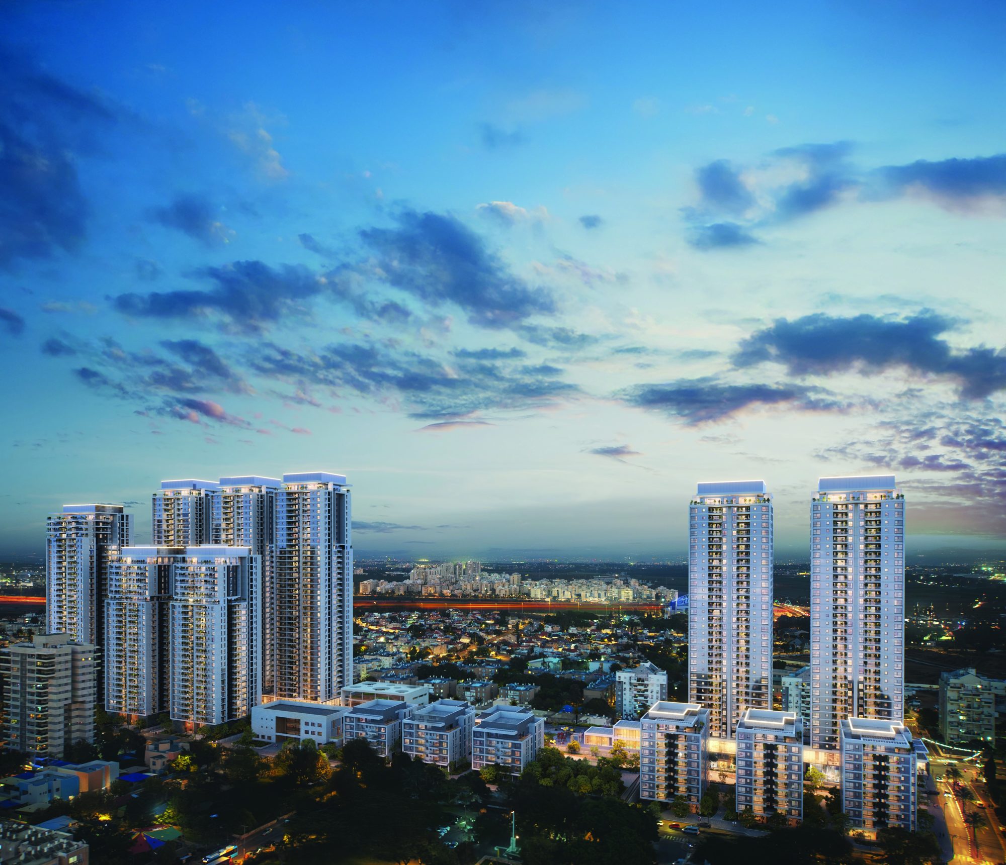 Le quartier au crépuscule (image d'illustration)