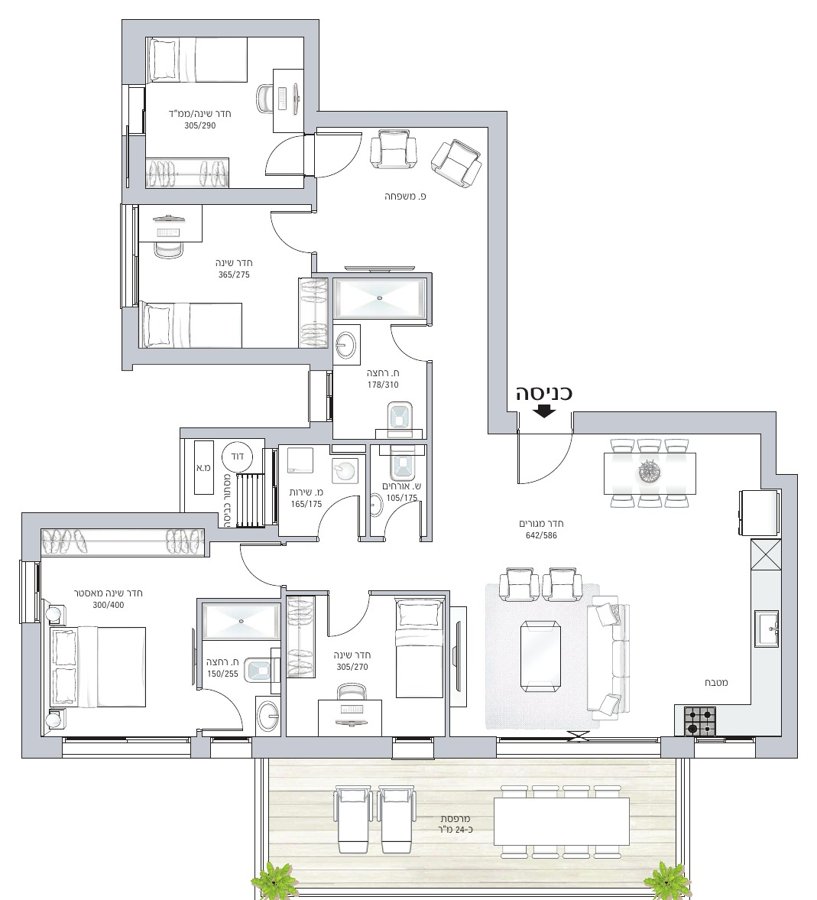 Plan du 5 pièces des hauts étages, 141,5 m² et balcon de 24 m²