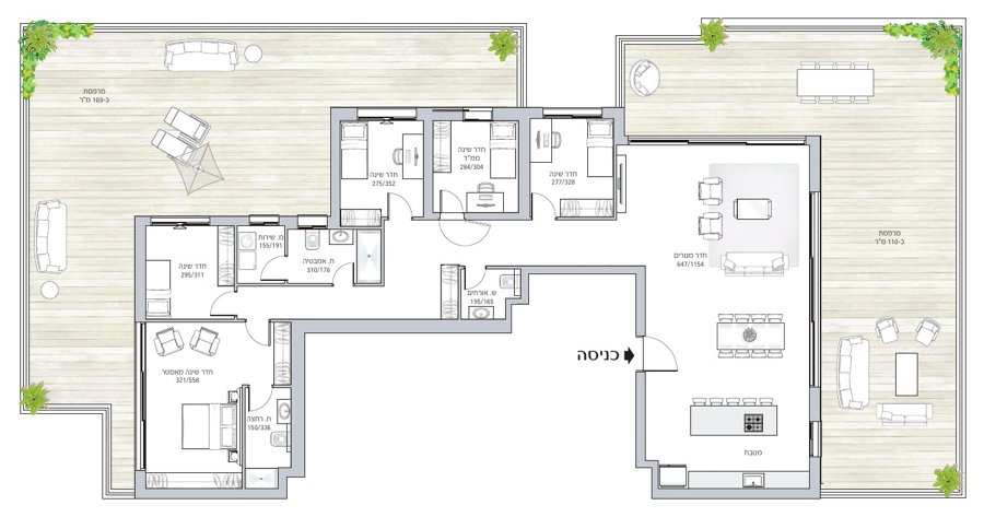 Plan du penthouse phare, 207,5 m² et 213 m² de terrasses